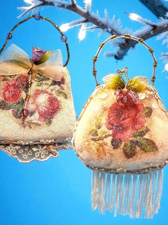 Victorian "Sugared" Purse Ornaments Lace Roses Beaded Handle Tulle Ribbon Tassel - Picture 1 of 12